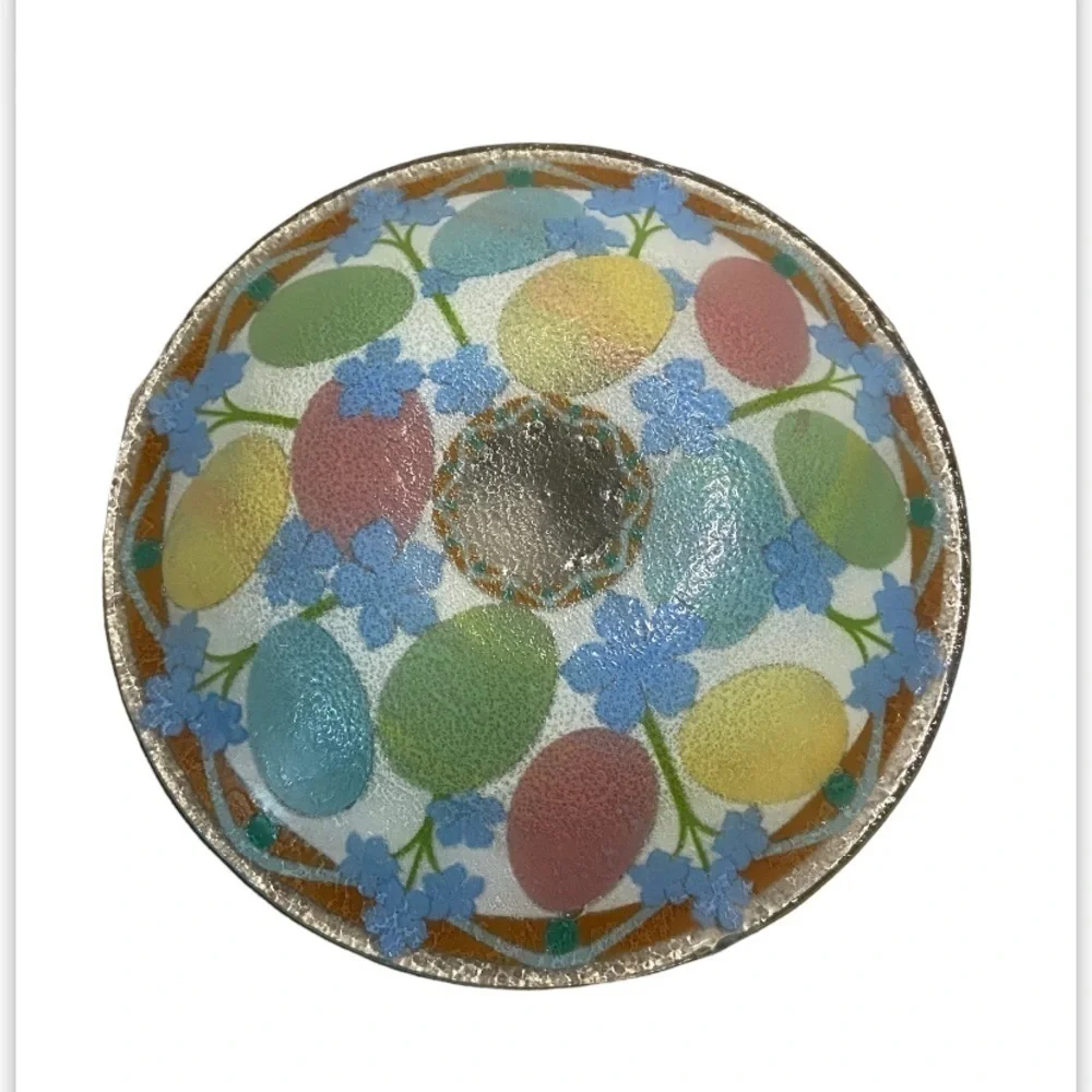 Peggy Karr Easter Egg Fused Art Glass Bowl Colorful Eater Eggs Blue Pink Green